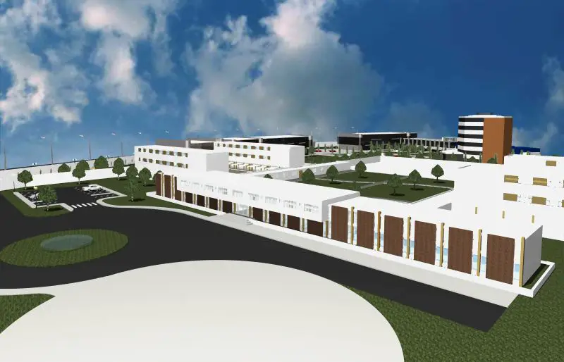 Render de proyecto institucional con áreas verdes diseñado por GEBÄUDE