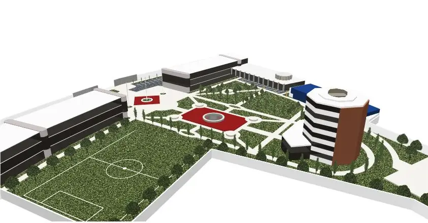 Render aéreo de campus institucional