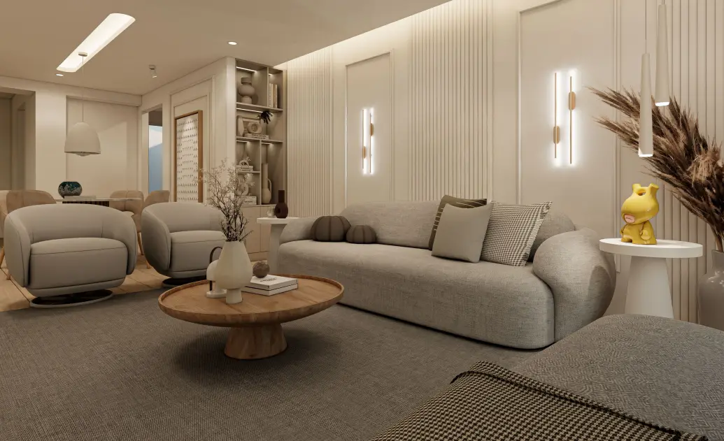 Diseño de interiores de sala residencial con iluminación lineal