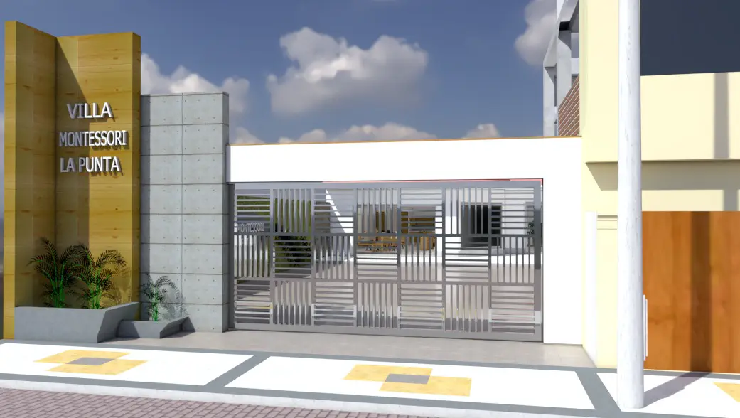 Render de fachada del proyecto educativo Villa Montessori La Punta
