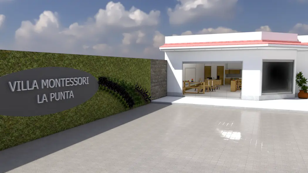 Render del ingreso de Villa Montessori La Punta